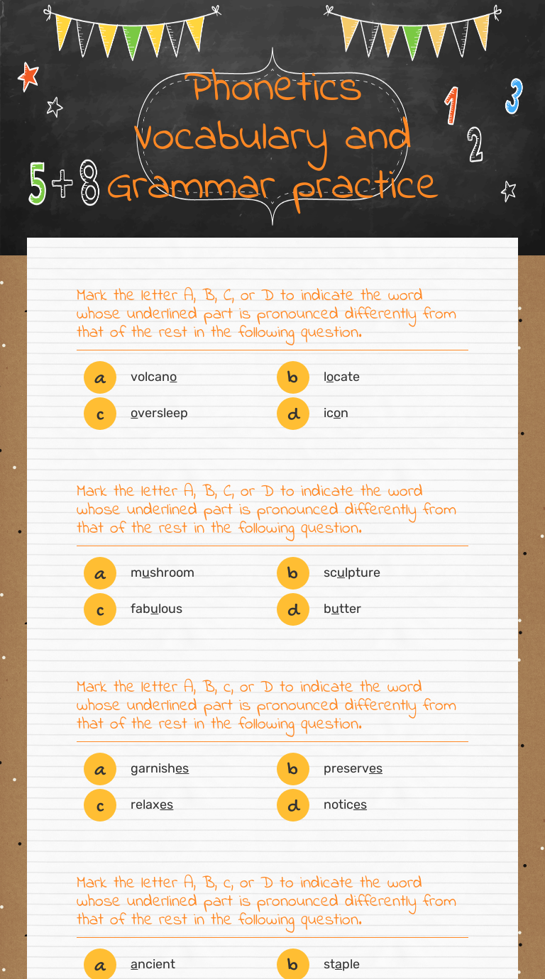 Phonetics Vocabulary and Grammar practice worksheet preview image