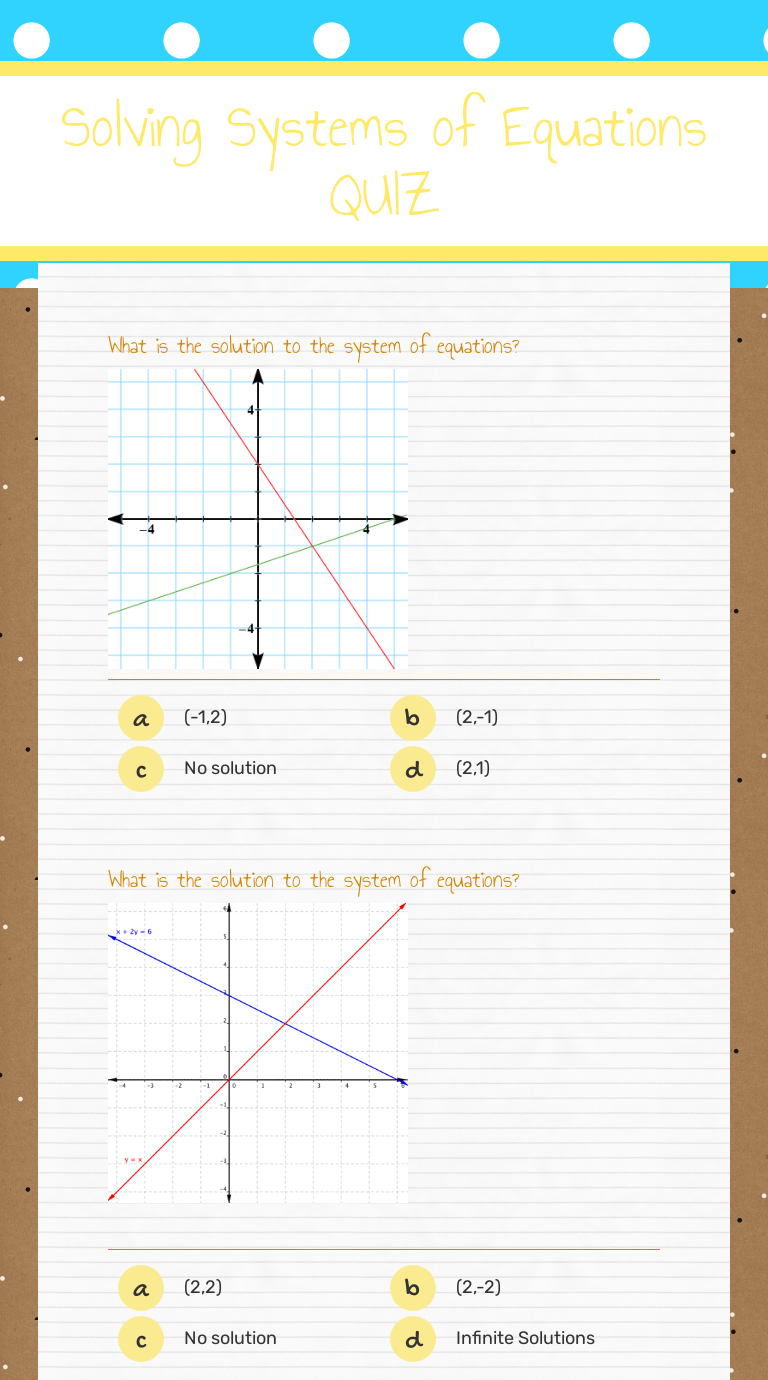 Solving Systems of Equations QUIZ Interactive Worksheet by Gina