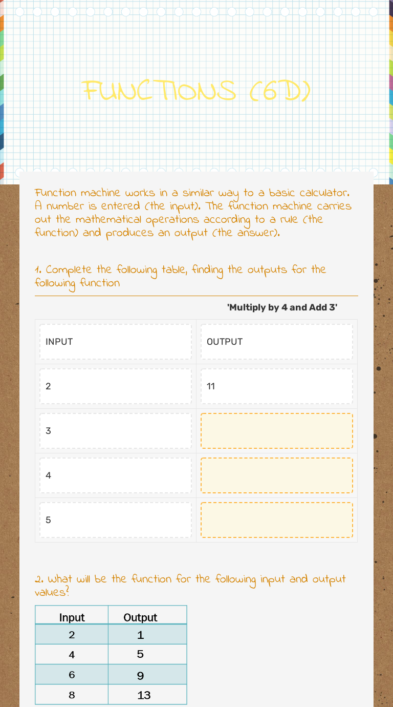 FUNCTIONS (6D) Grade 6 worksheet preview