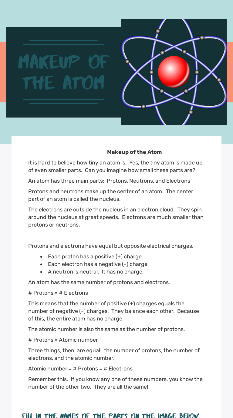 Makeup of the atom  Interactive Worksheet by Melissa Rosner In Parts Of An Atom Worksheet