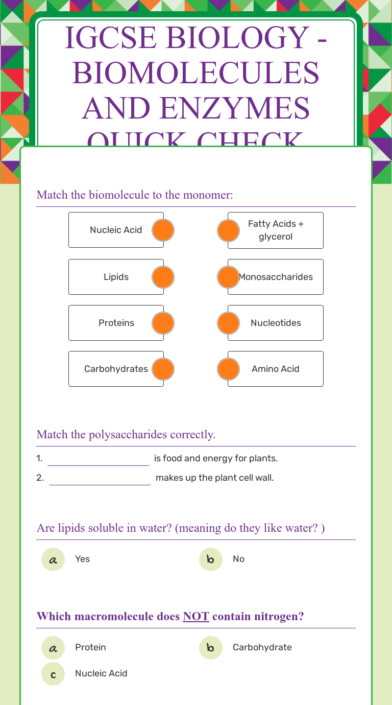 igcse biology Biomolecules and enzymes quick Check Interactive