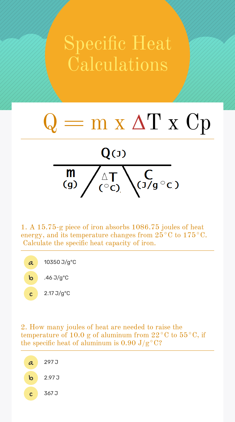 Specific Heat Calculations | Interactive Worksheet By Cheryl Thomas ...