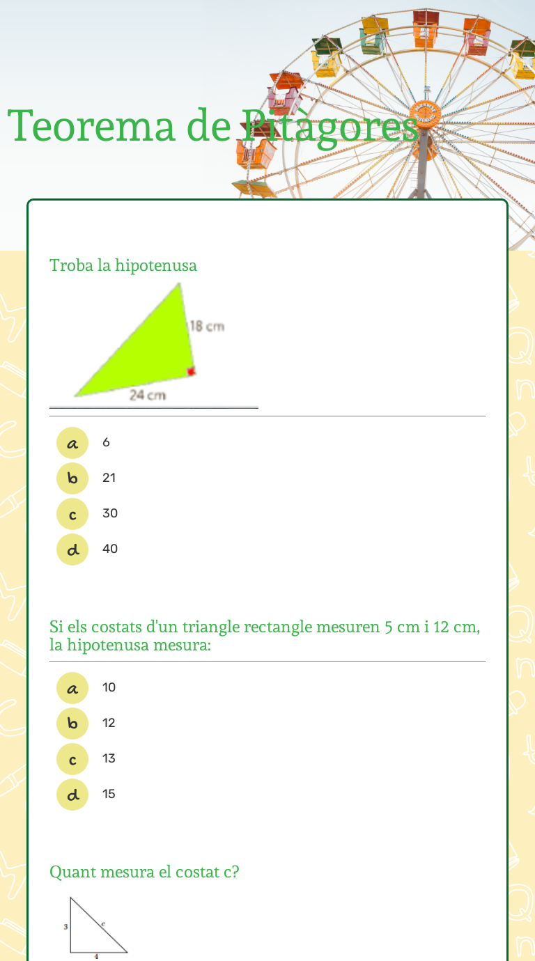 Teorema de Pitàgores worksheet preview image