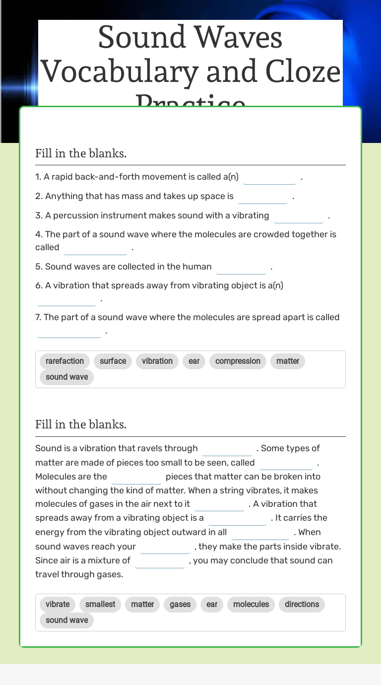 Sound Waves Vocabulary and Cloze Practice Grade 5 worksheet preview