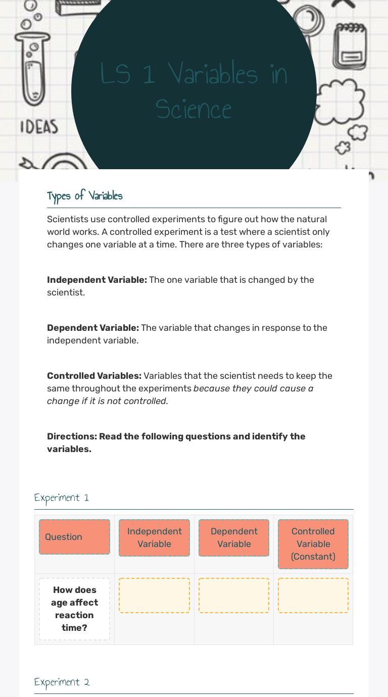 LS 24 Variables in Science  Interactive Worksheet by Julie Daily Regarding Experimental Variables Worksheet Answers