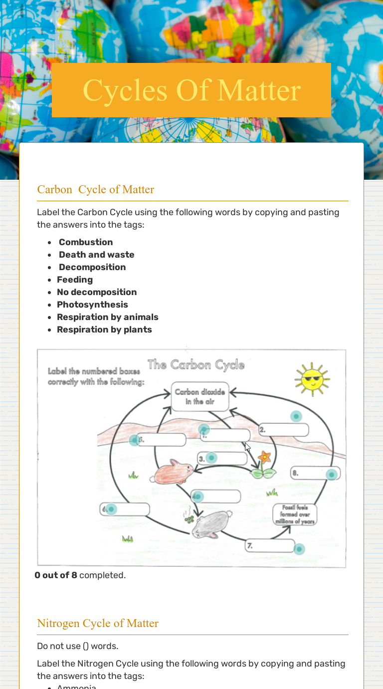 Cycles Of Matter  Interactive Worksheet by Summer Anderson  Wizer.me Regarding Nitrogen Cycle Worksheet Answers