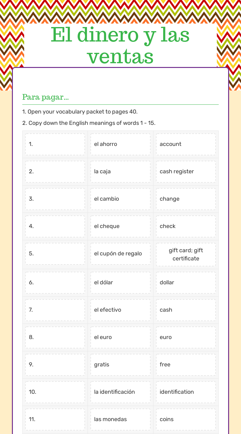 El dinero y las ventas worksheet preview