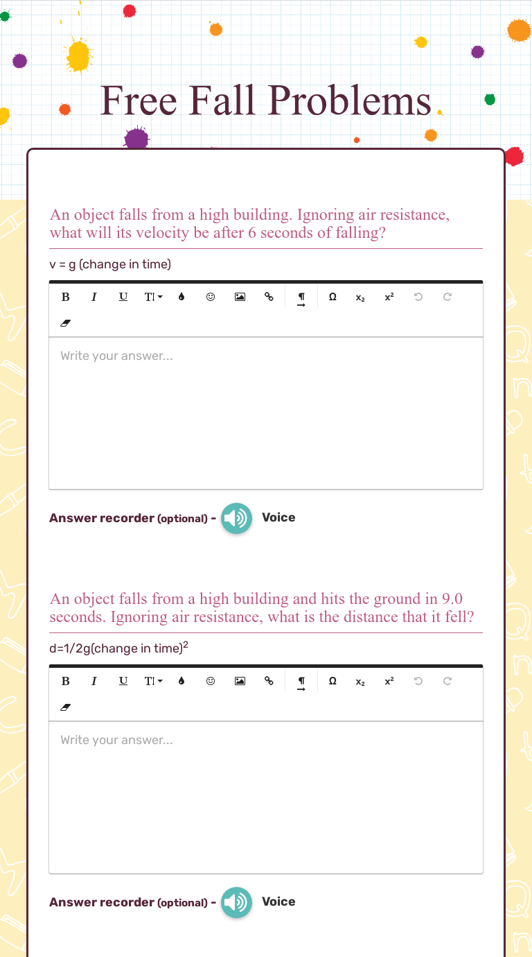 Free Fall Problems  Interactive Worksheet by Traci Evans  Wizer.me Within Free Fall Problems Worksheet