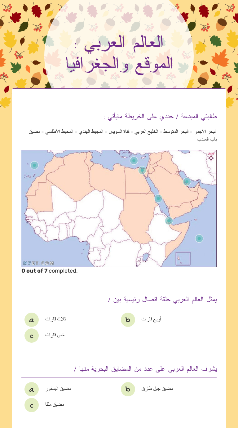 العالم العربي : الموقع والجغرافيا worksheet preview image