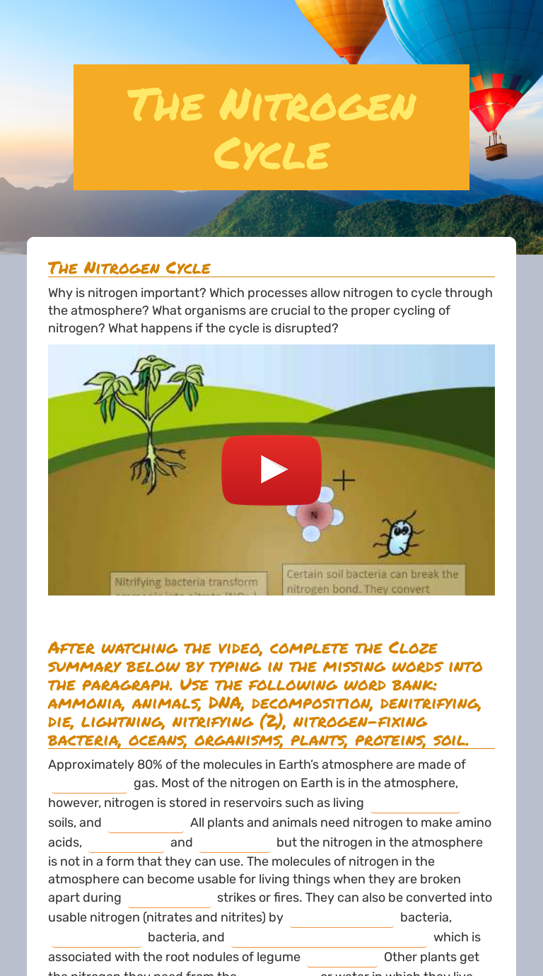 The Nitrogen Cycle  Interactive Worksheet  Wizer.me Inside Nitrogen Cycle Worksheet Answer Key