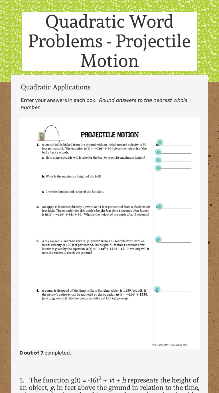 Quadratic Word Problems - Projectile Motion  Interactive Intended For Quadratic Word Problems Worksheet