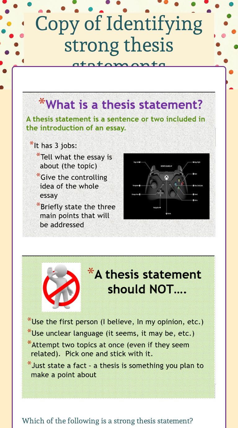 Copy of Identifying strong thesis statements  Interactive For Identifying Thesis Statement Worksheet
