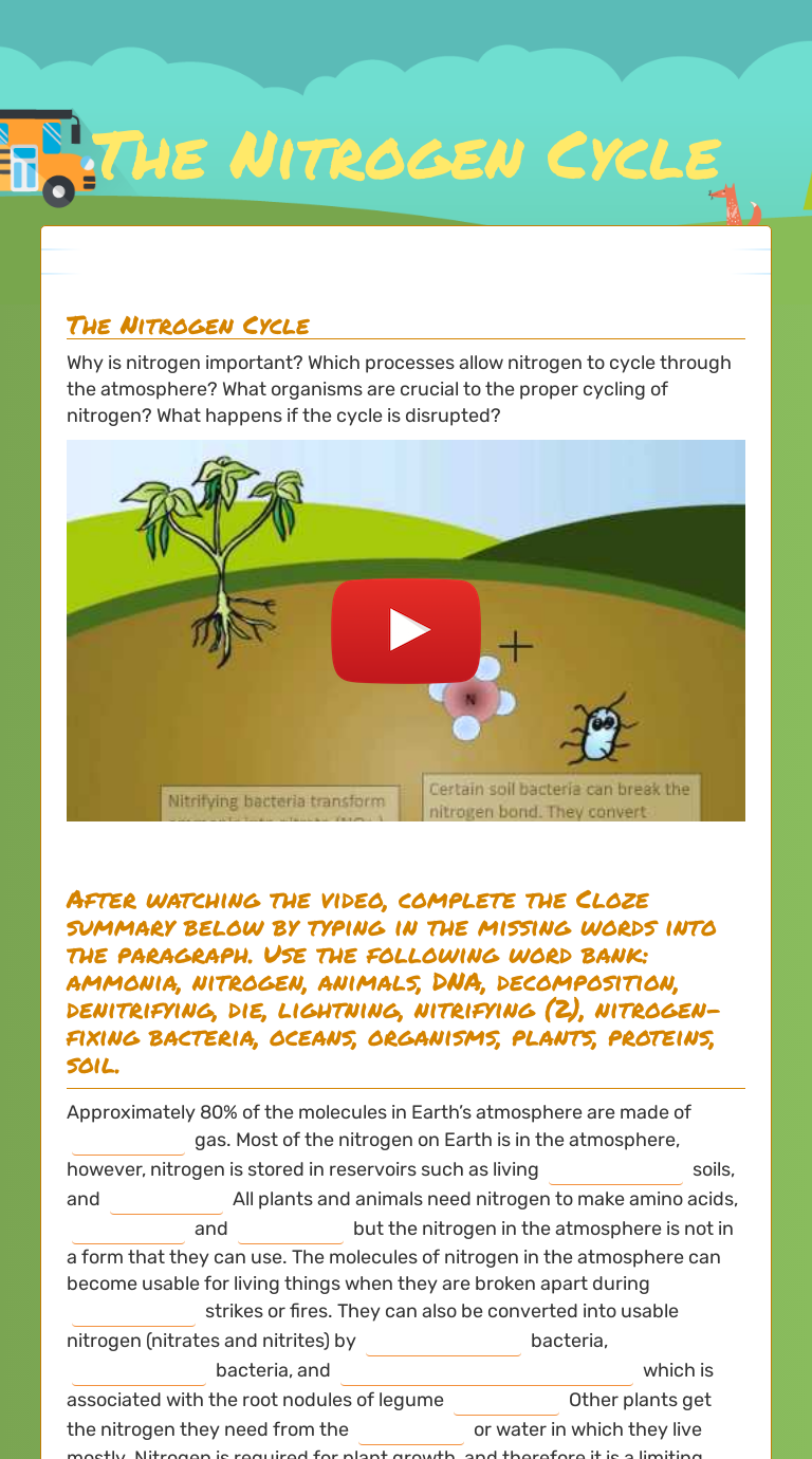 The Nitrogen Cycle  Interactive Worksheet by Nia Placide  Wizer.me In Nitrogen Cycle Worksheet Answer Key