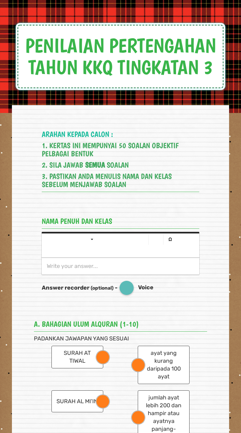 PENILAIAN PERTENGAHAN TAHUN KKQ TINGKATAN 3  Interactive Worksheet by