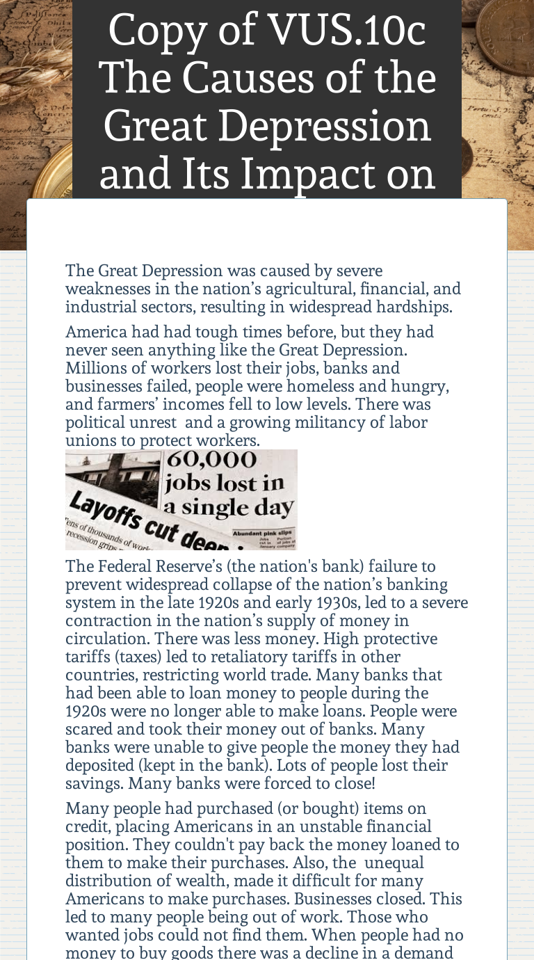 Copy of VUS.22c The Causes of the Great Depression and Its Impact Inside The Great Depression Worksheet