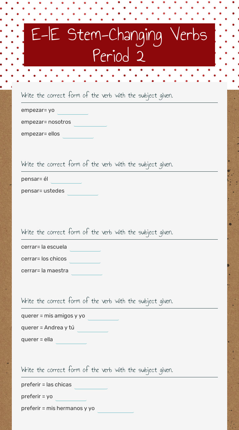 Stem Changing Verbs Worksheet E To Ie