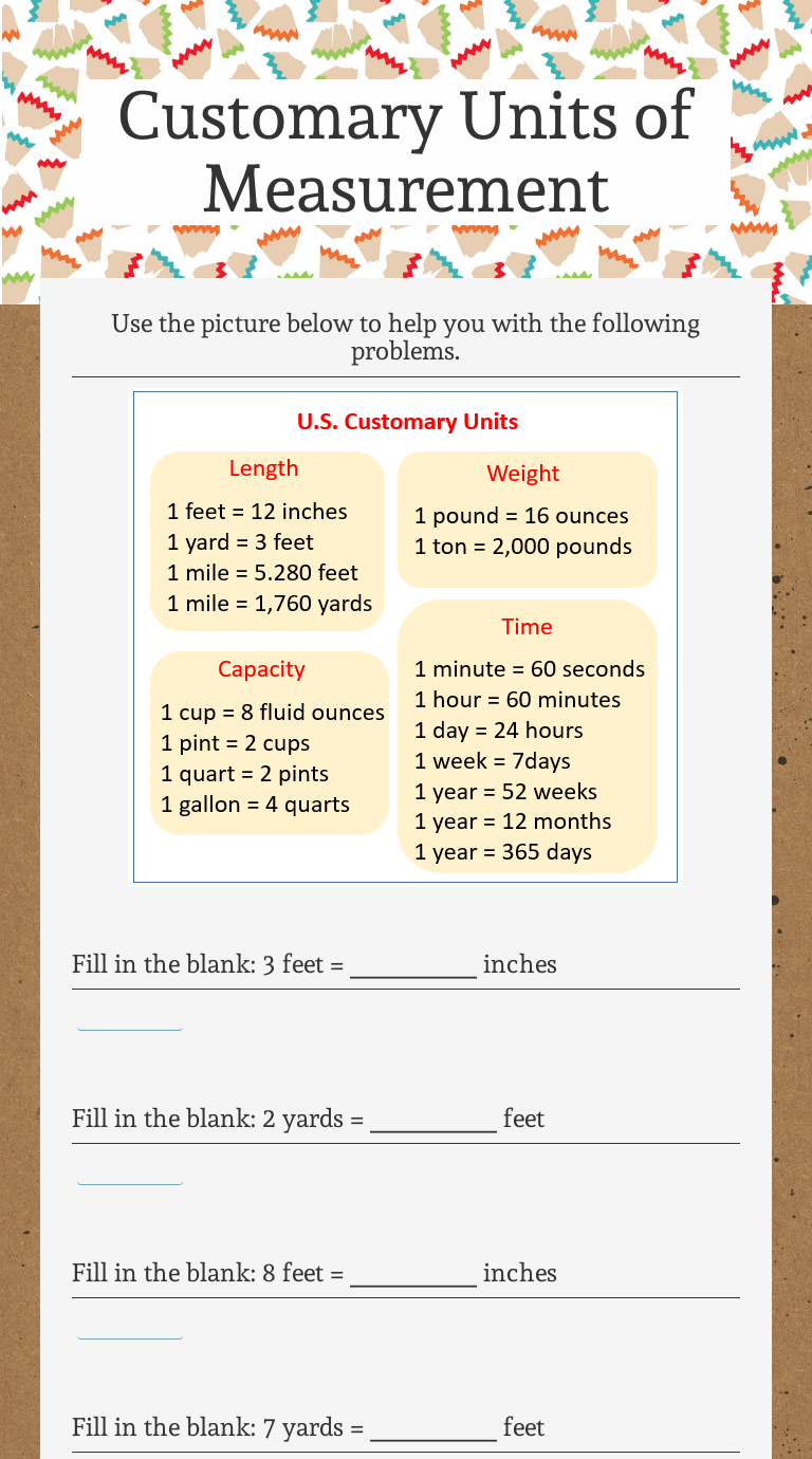 Customary Units of Measurement Grade 4 worksheet preview