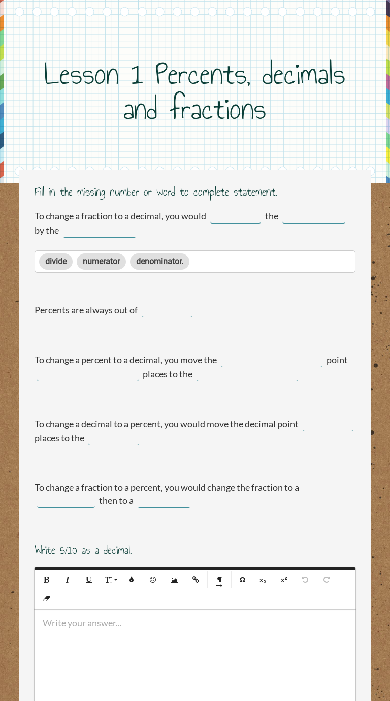 Lesson 1 Percents, decimals and fractions | Interactive Worksheet by ...