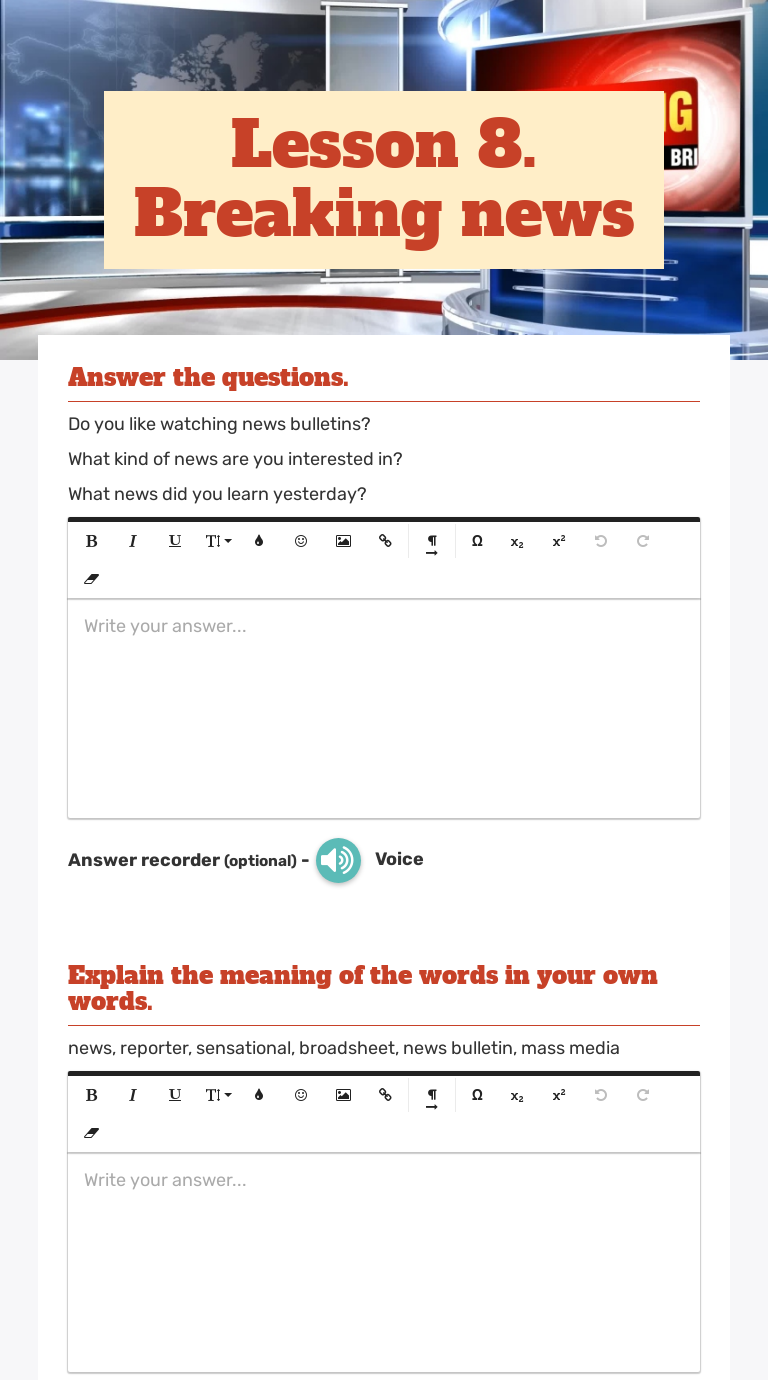 Lesson 8. Breaking news | Interactive Worksheet by Alla Ryabaya | Wizer.me
