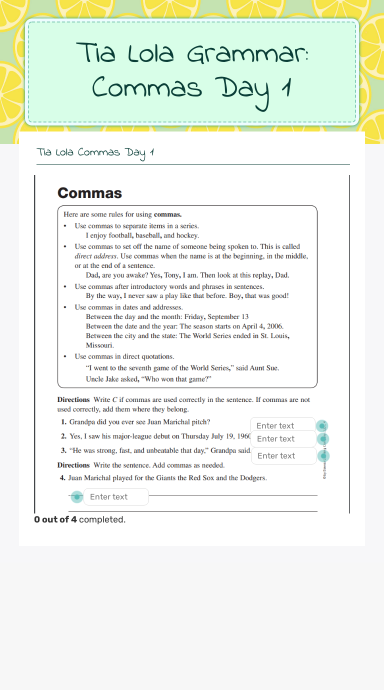 Tia Lola Grammar:             
 Commas Day 1 worksheet preview image