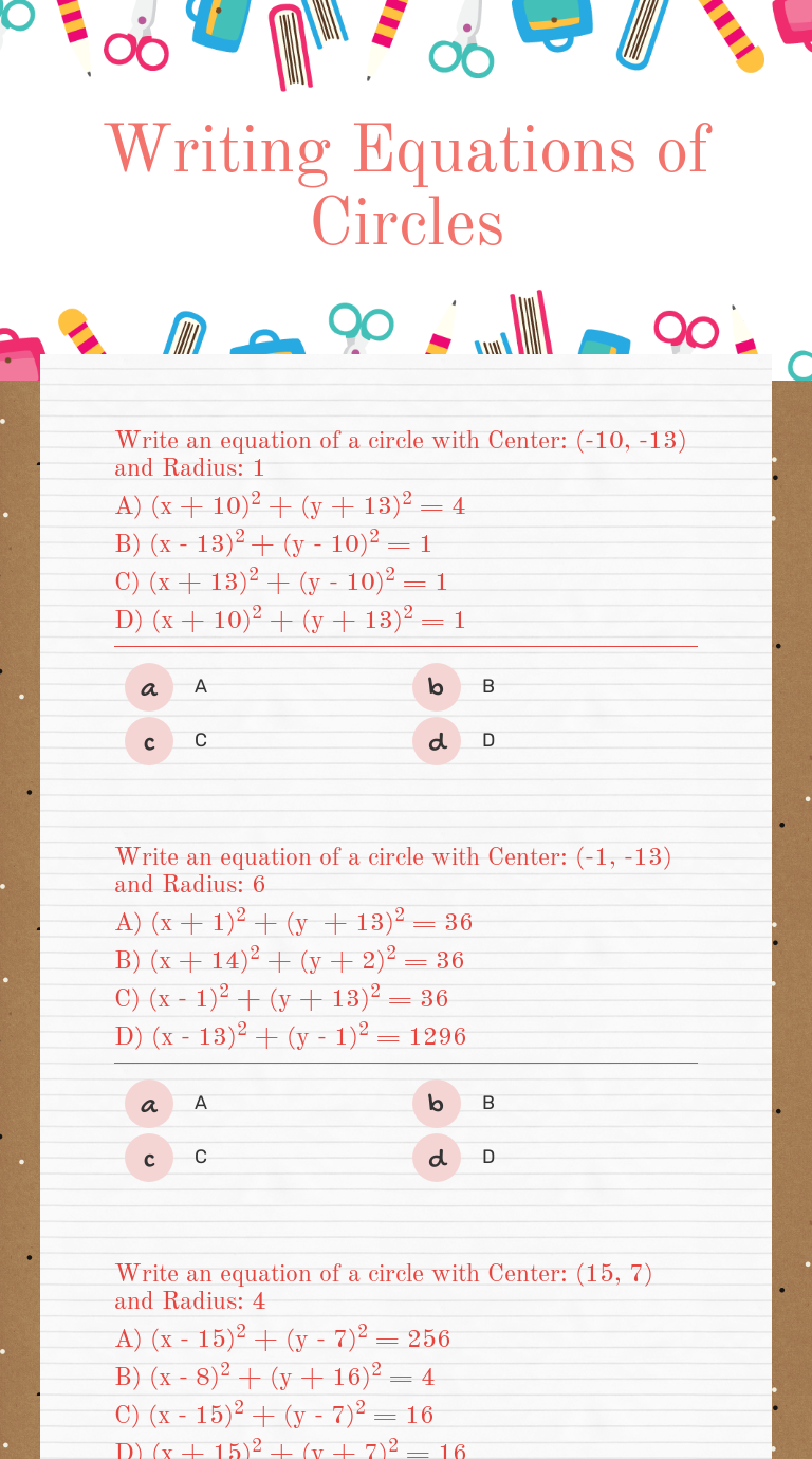 Writing Equations of Circles  Interactive Worksheet by Brandy Hay Within Equations Of Circles Worksheet