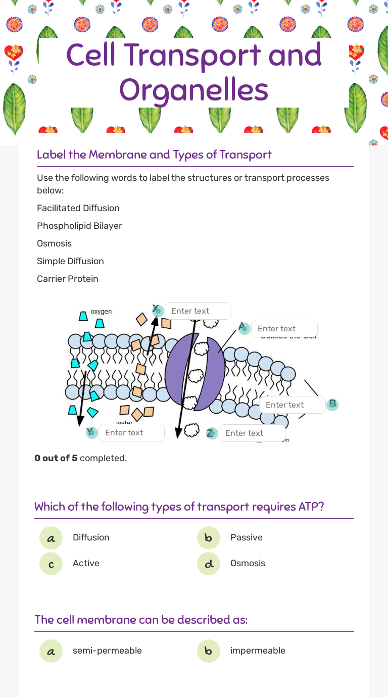 Cell Transport and Organelles  Interactive Worksheet by Alisha With Cell Membrane Images Worksheet Answers