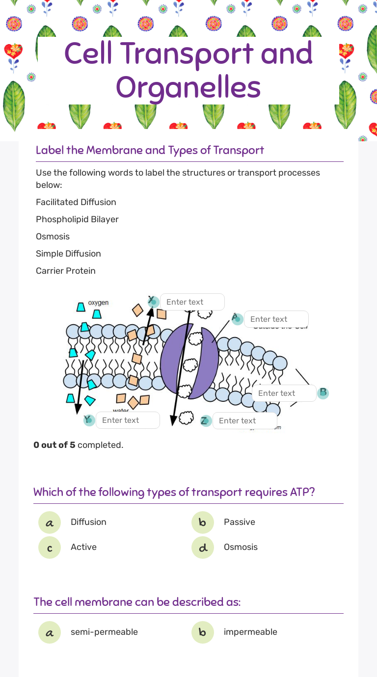 Cell Transport and Organelles  Interactive Worksheet by Alisha For Cellular Transport Worksheet Answer Key