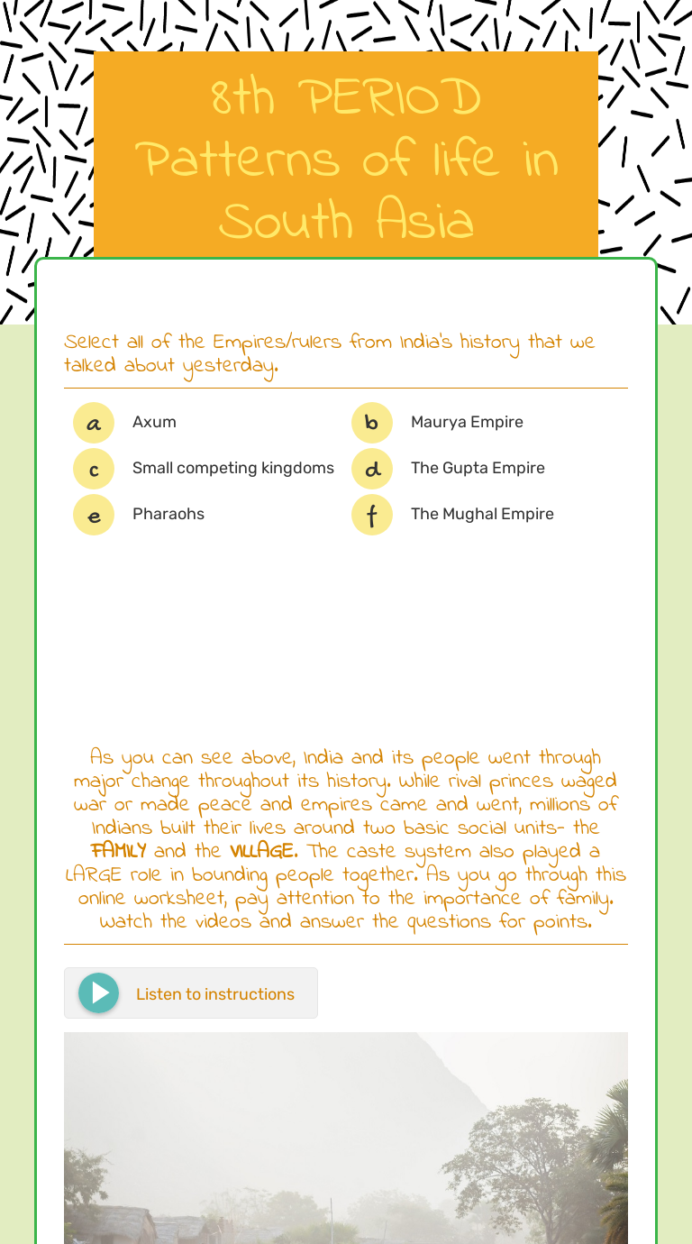 8th PERIOD Patterns of life in South Asia worksheet preview image
