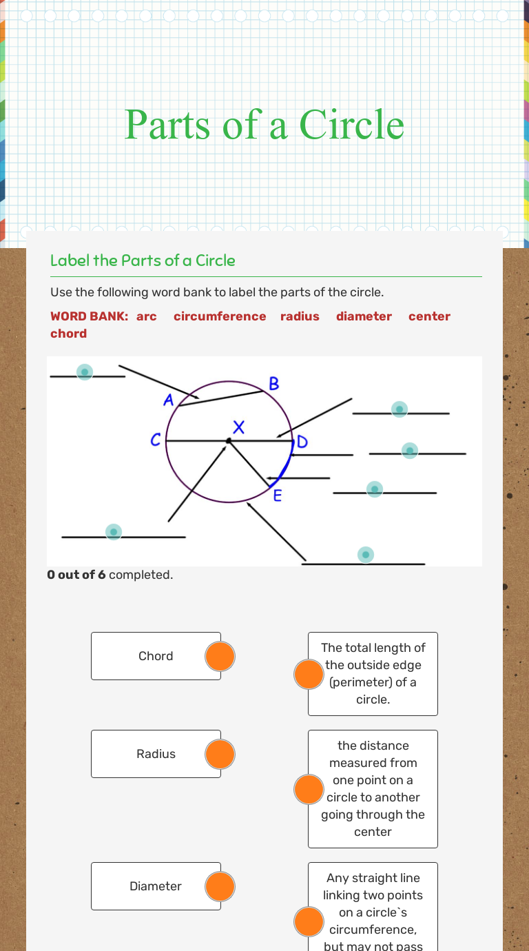 Parts of a Circle | Interactive Worksheet by Rebecca Munroe | Wizer.me
