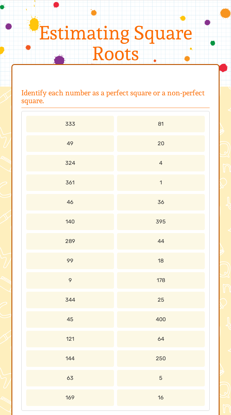 Estimating Square Roots Worksheet