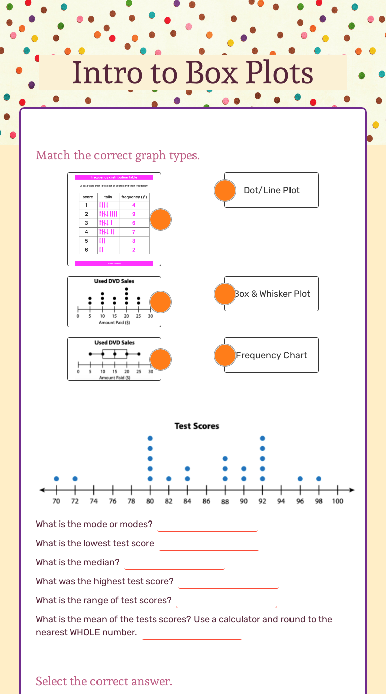 Intro to    Box Plots Grade 6 worksheet preview