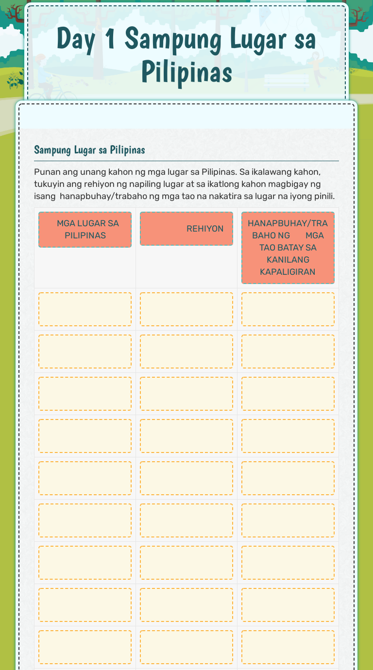 Day 1 Sampung Lugar sa 
Pilipinas worksheet preview image