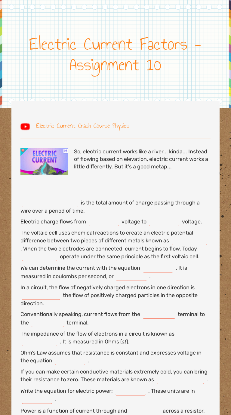 Electric Current Factors Assignment 10 Interactive Worksheet by Sara Callahan Wizer.me