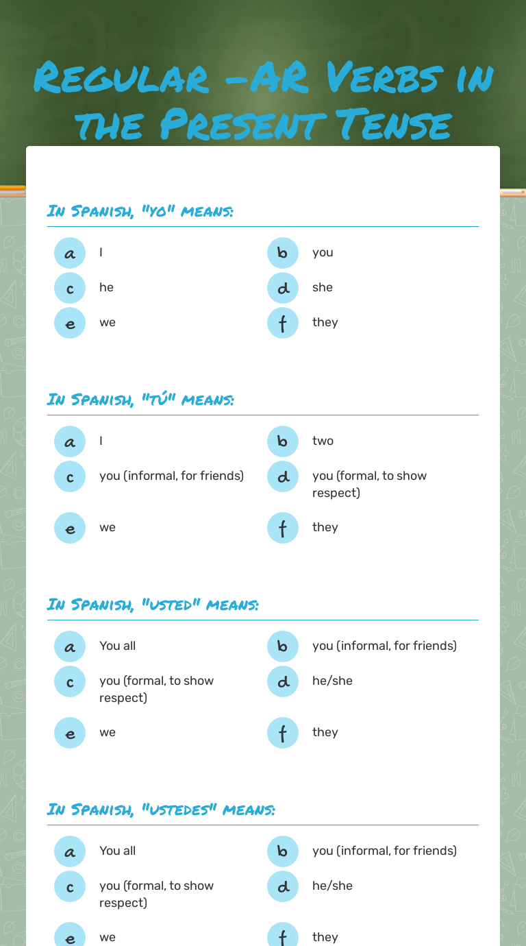 Regular Ar Verbs In The Present Indicative Tense Worksheet Answers