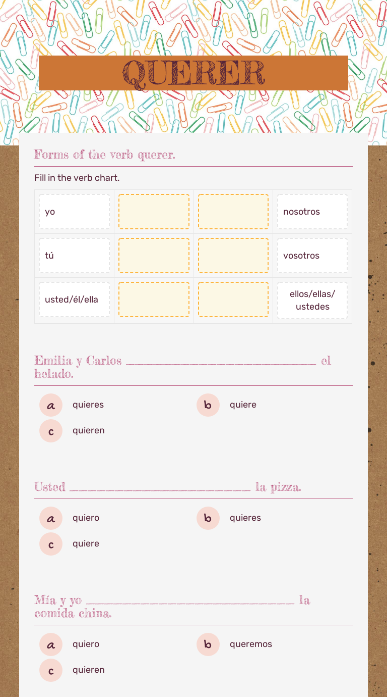 QUERER Interactive Worksheet By Jamie Mare Wizer me