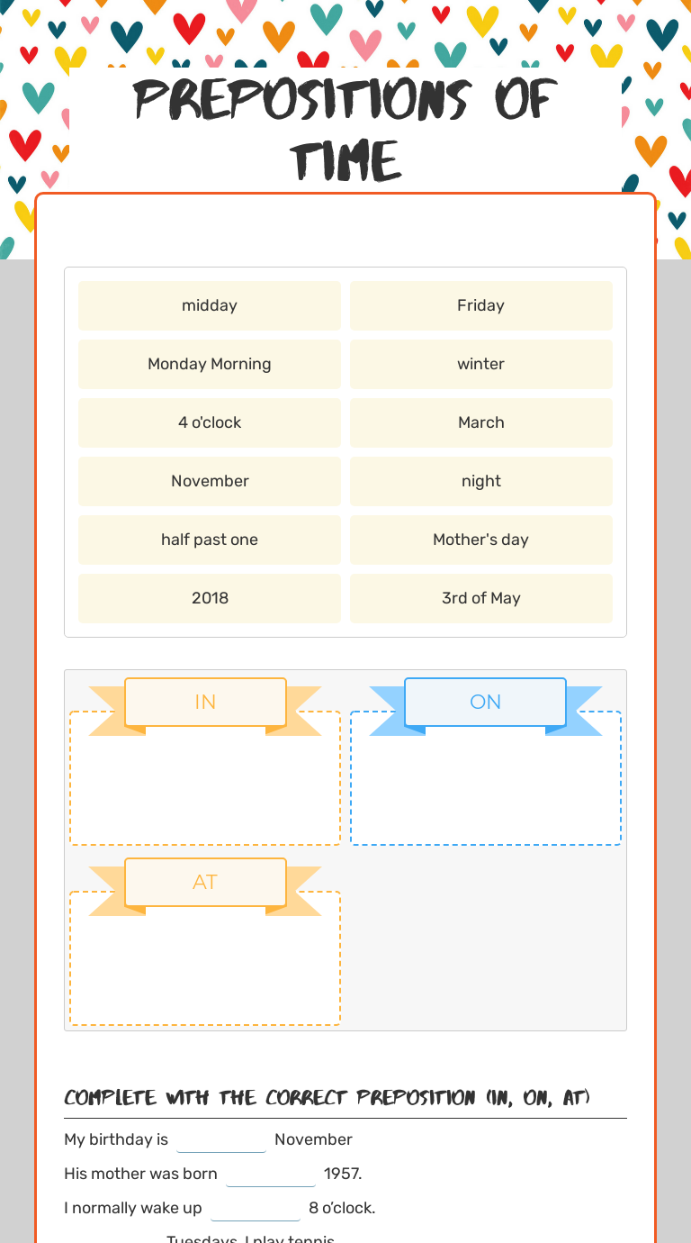 Prepositions of   
 time worksheet preview image