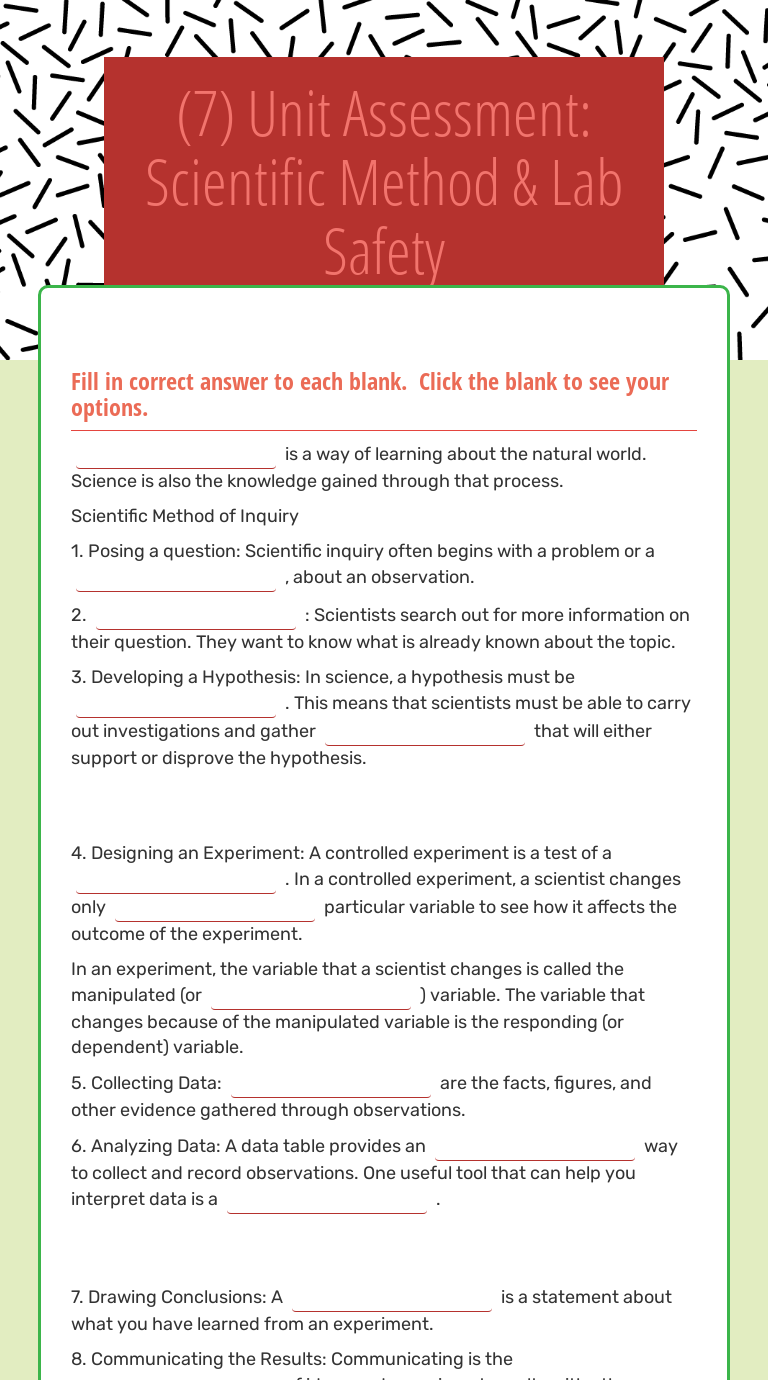 (7) Unit Assessment: Scientific Method & Lab Safety Grade 7 worksheet preview