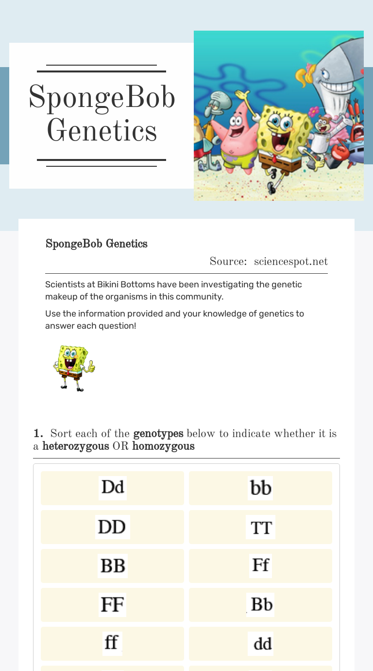 Spongebob Genetics Interactive Worksheet By Willis Foster Wizer Me