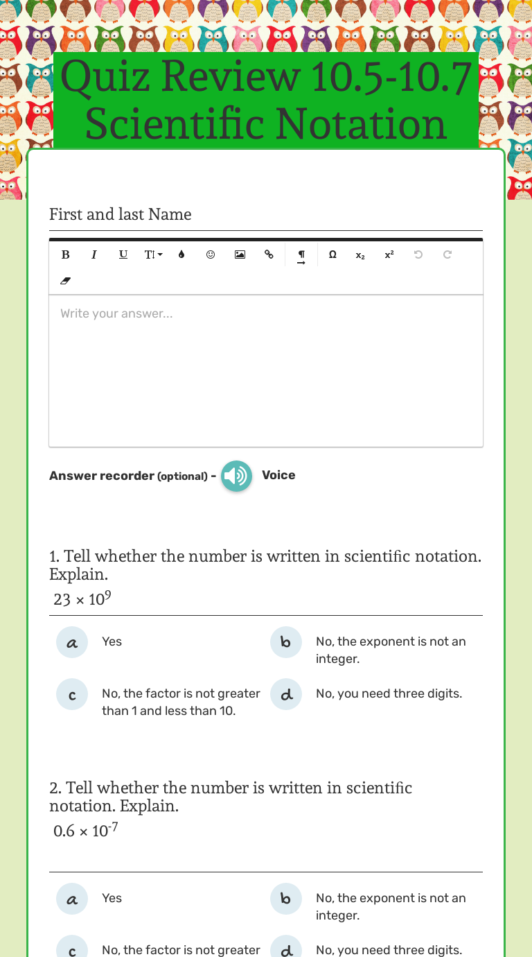 Quiz Review 10.5-10.7 Scientific Notation Grade 8 worksheet preview