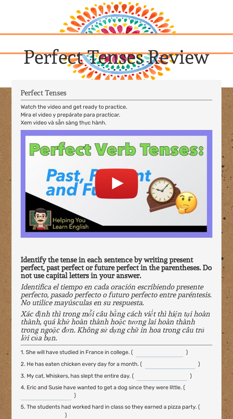 Perfect Tenses Review Grade 6 worksheet preview