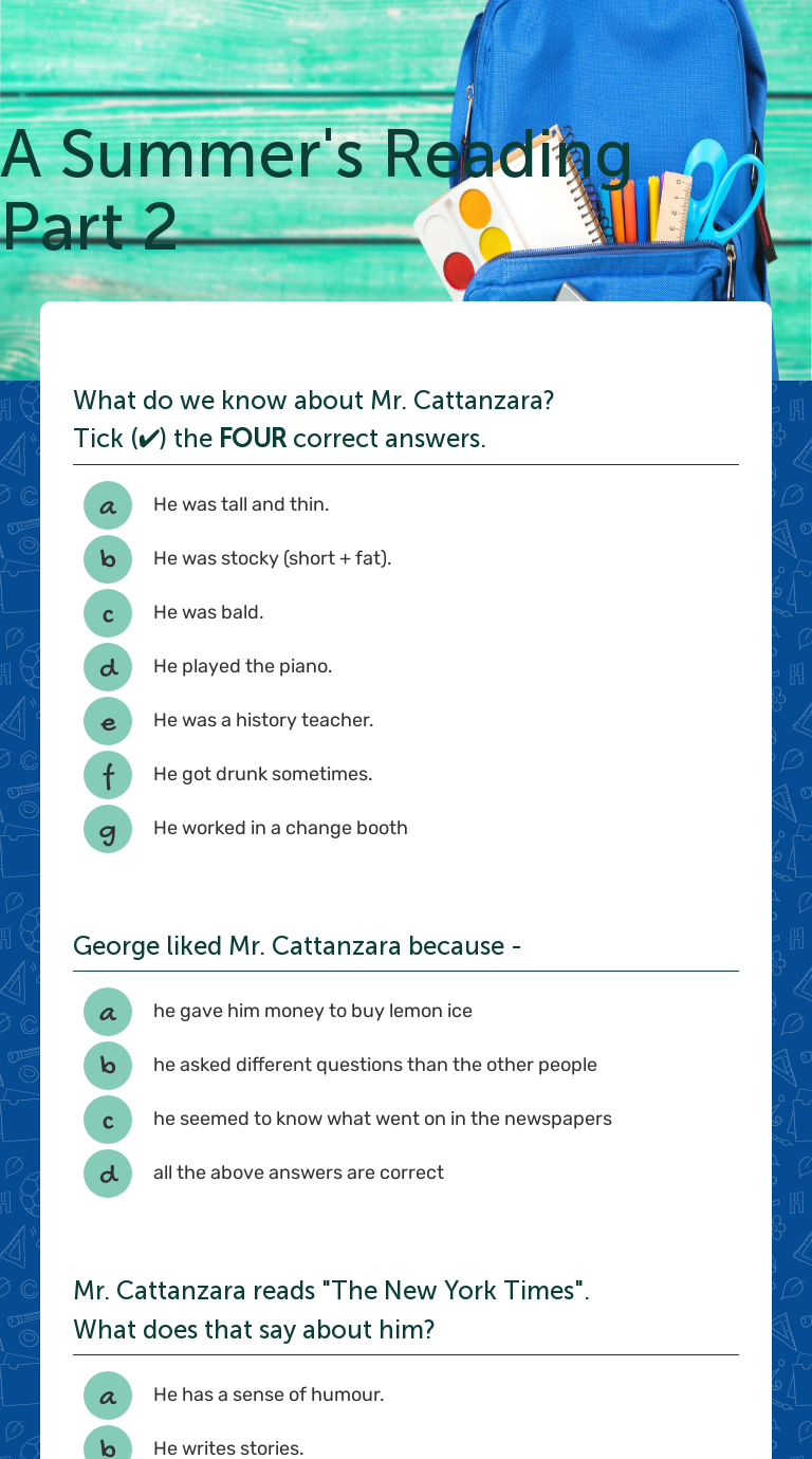 A Summer's Reading Part 2 worksheet preview