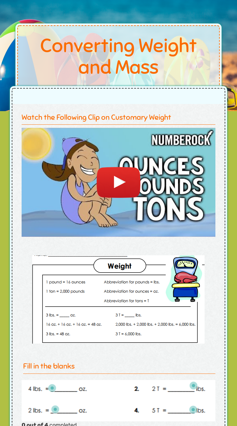 Converting Weight and Mass Grade 4 worksheet preview