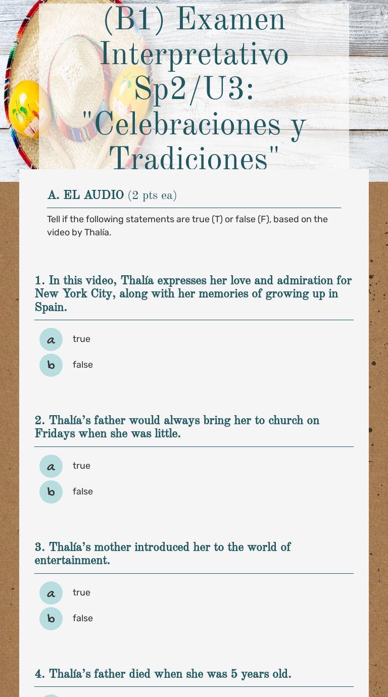 (B1) Examen Interpretativo Sp2/U3:  "Celebraciones y Tradiciones" worksheet preview