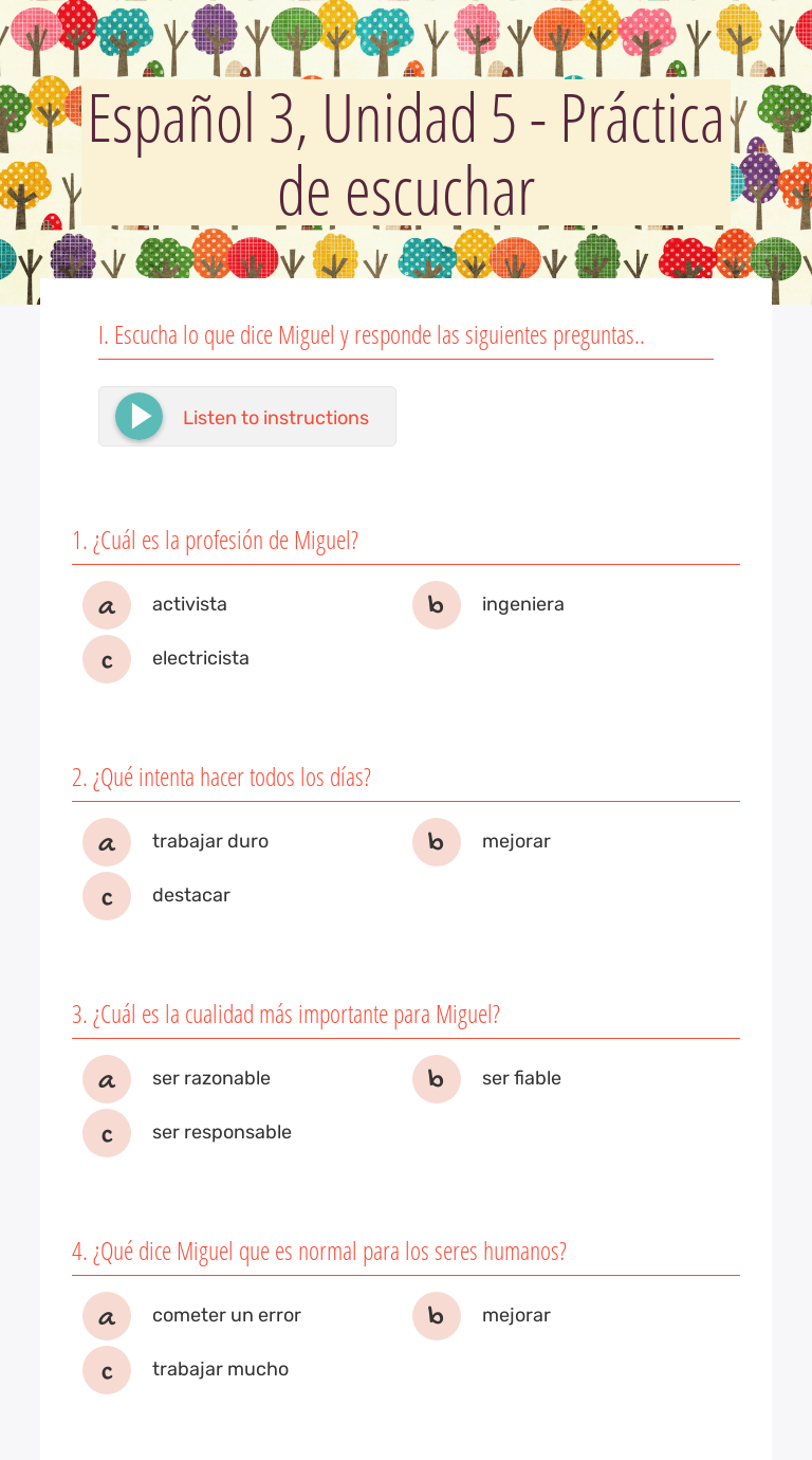 Español 3, Unidad 5 - Práctica de escuchar Grade 10 worksheet preview
