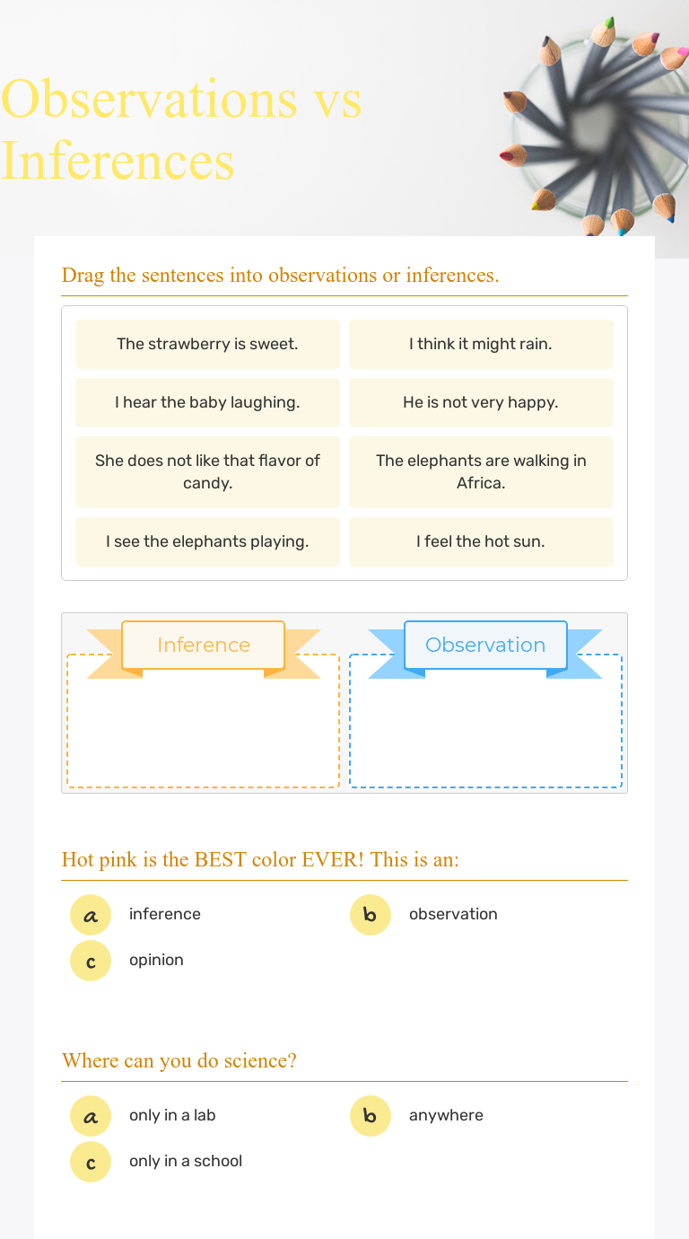 Observations vs Inferences  Interactive Worksheet by Joanna Reese Pertaining To Observation Vs Inference Worksheet