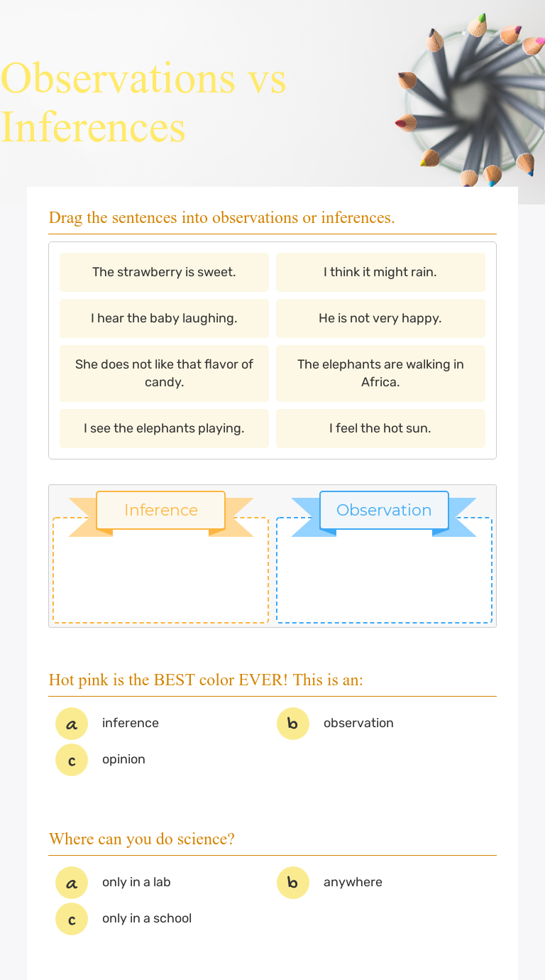 Observations vs Inferences  Interactive Worksheet by Joanna Reese Intended For Observation Vs Inference Worksheet