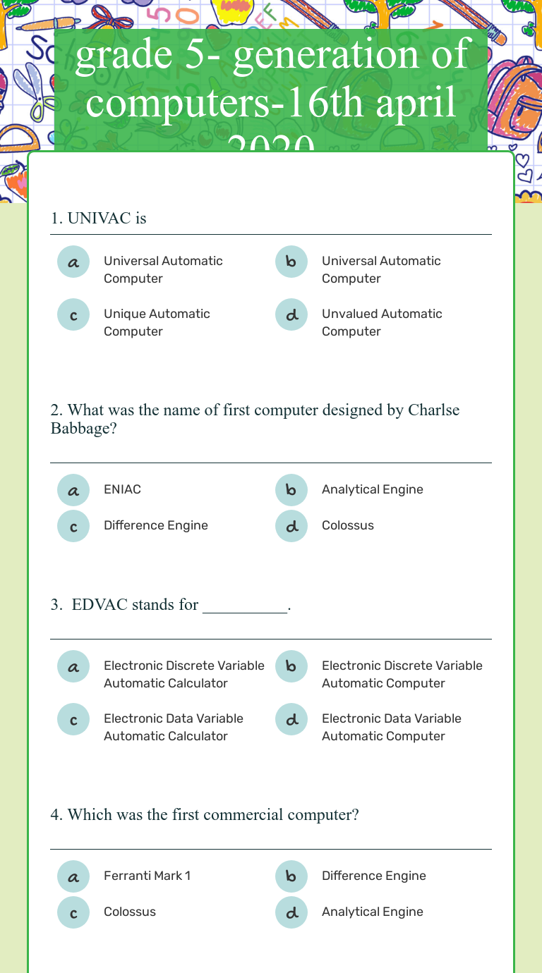 grade 5- generation of computers-16th worksheet
