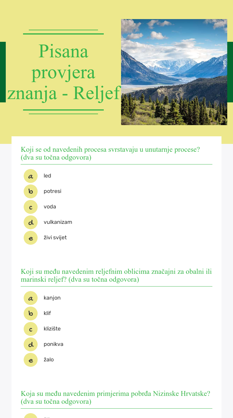 Pisana provjera znanja - Reljef worksheet preview image