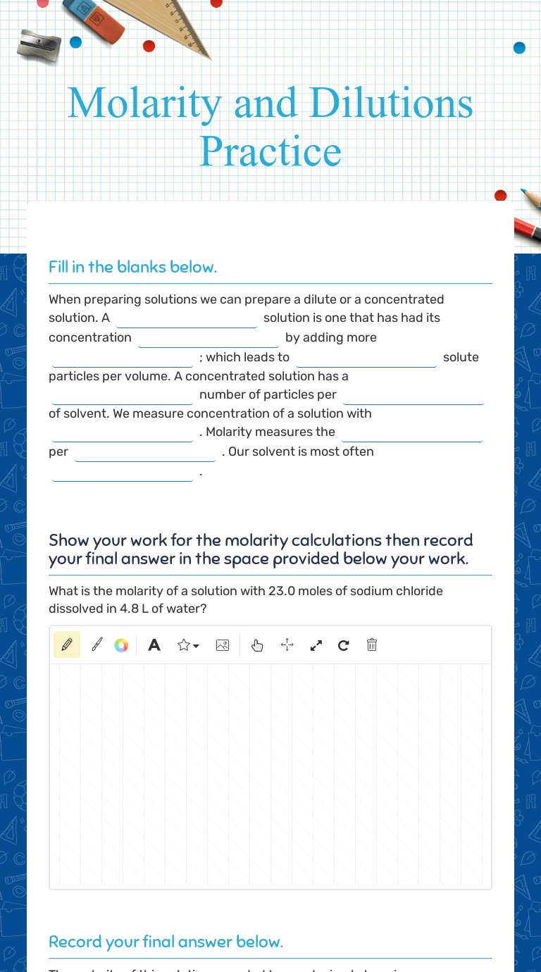 Molarity and Dilutions Practice  Interactive Worksheet by Tanner Inside Molarity Practice Worksheet Answer