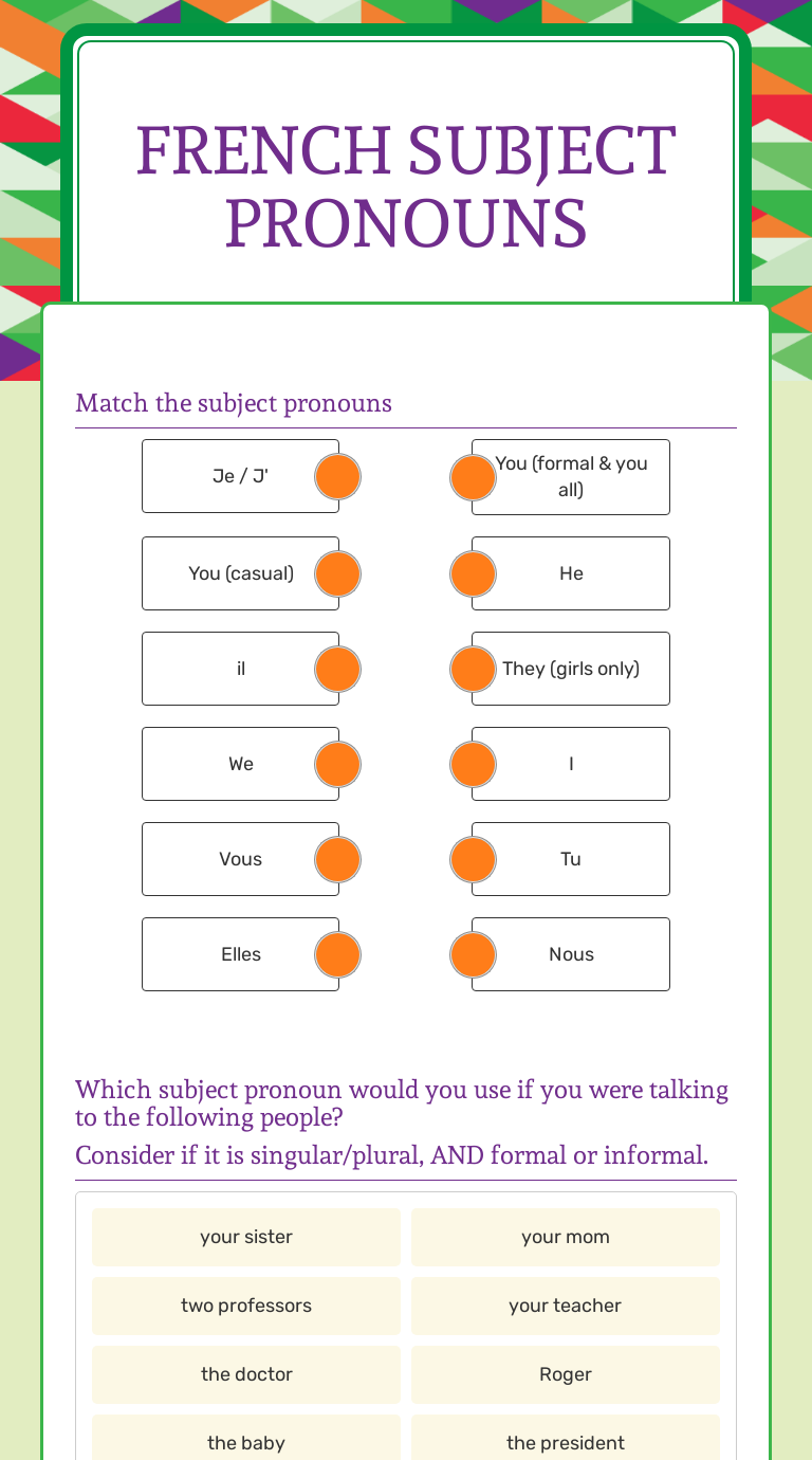 French Subject Pronouns Worksheet Answers